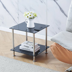 Square 2-tier black glass end table with stainless steel legs