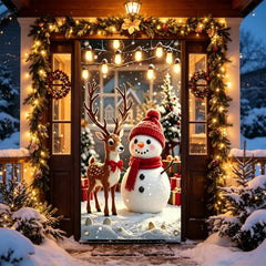 Full-length Christmas door banner featuring reindeer and snowman in snow