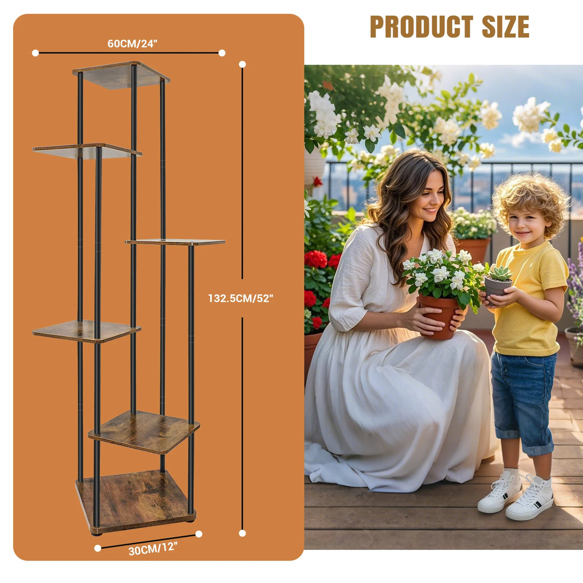 Tall multi-tier metal plant stand with wooden shelves for home use
