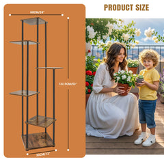 Tall multi-tier metal plant stand with wooden shelves for home use