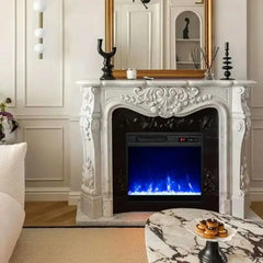 White mantel electric fireplace insert with blue flame display in front opening