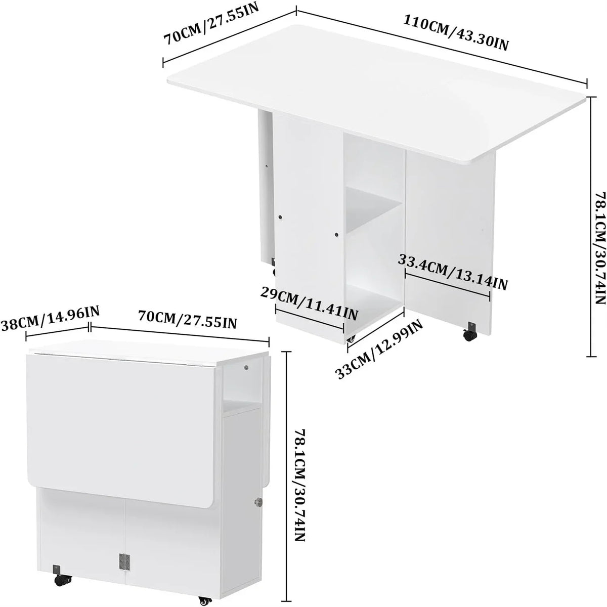 White retractable folding table, product dimensions shown with caster wheels and open shelf