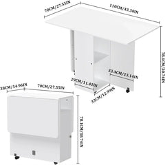 White retractable folding table, product dimensions shown with caster wheels and open shelf