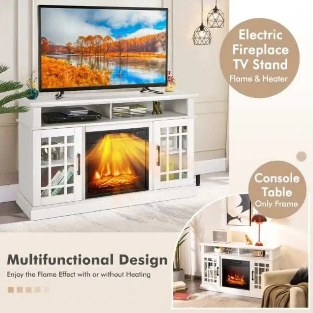 White electric fireplace TV stand with TV on top and glowing flame-effect firebox