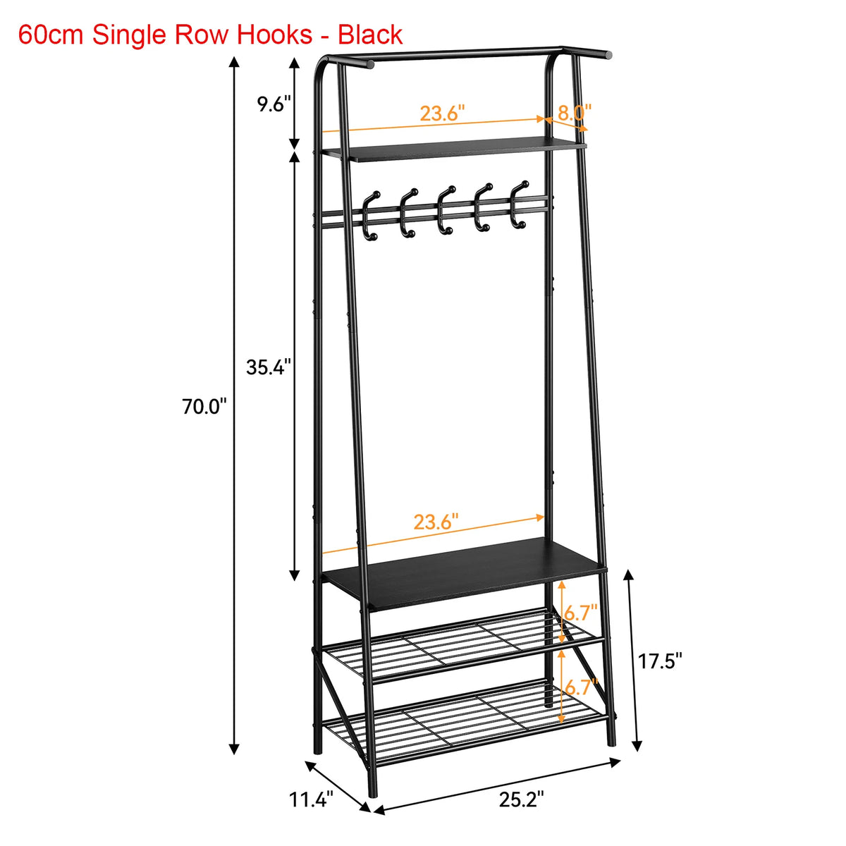 Coat rack shoe bench size diagram with single-row hooks, black frame, shoe shelves