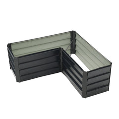 Charcoal black L-shaped metal raised garden bed with open top and corner end panel