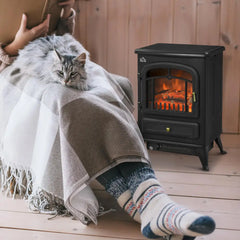 Black electric fireplace stove with glass front and glowing log-style flame effect