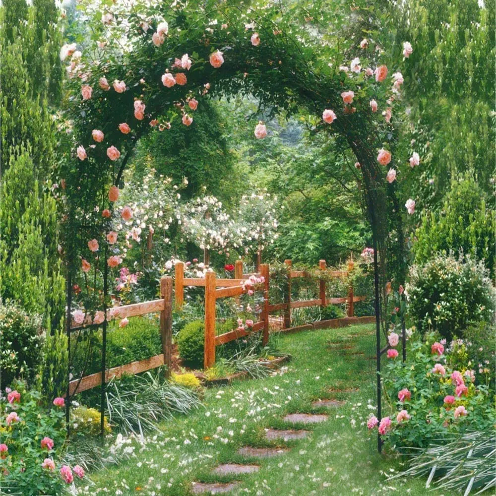 Garden arch trellis covered with hanging flowers and side climbing frame