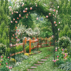 Garden arch trellis covered with hanging flowers and side climbing frame