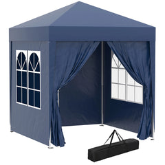 Blue pop-up gazebo tent with window panels, curtain drapes, and carry bag