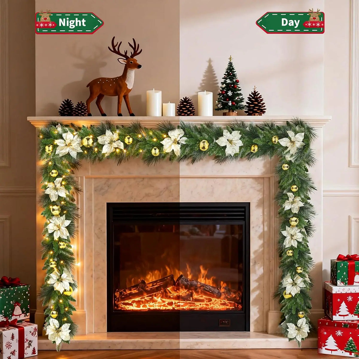 Green pine Christmas vine wreath with white flowers and warm yellow lights