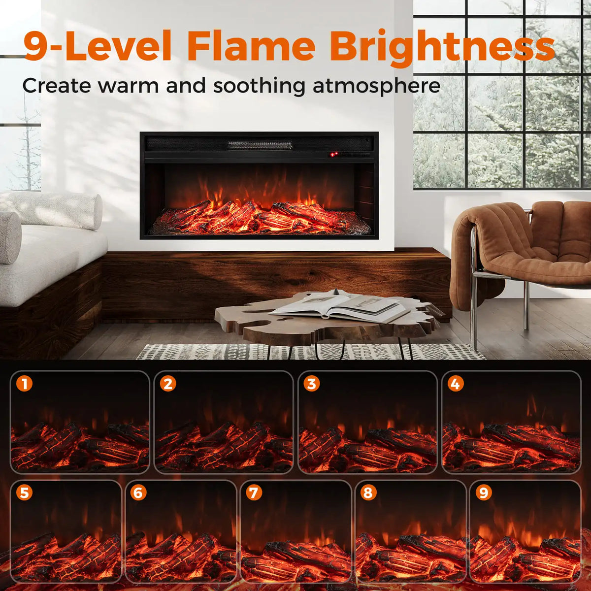 Recessed electric fireplace insert with 9-level flame brightness settings
