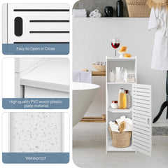 White bathroom floor cabinet with louvered door and open shelves for bottles and decor