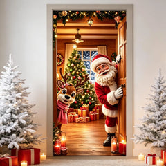 Christmas door cover banner with Santa beside a decorated tree and gift candles
