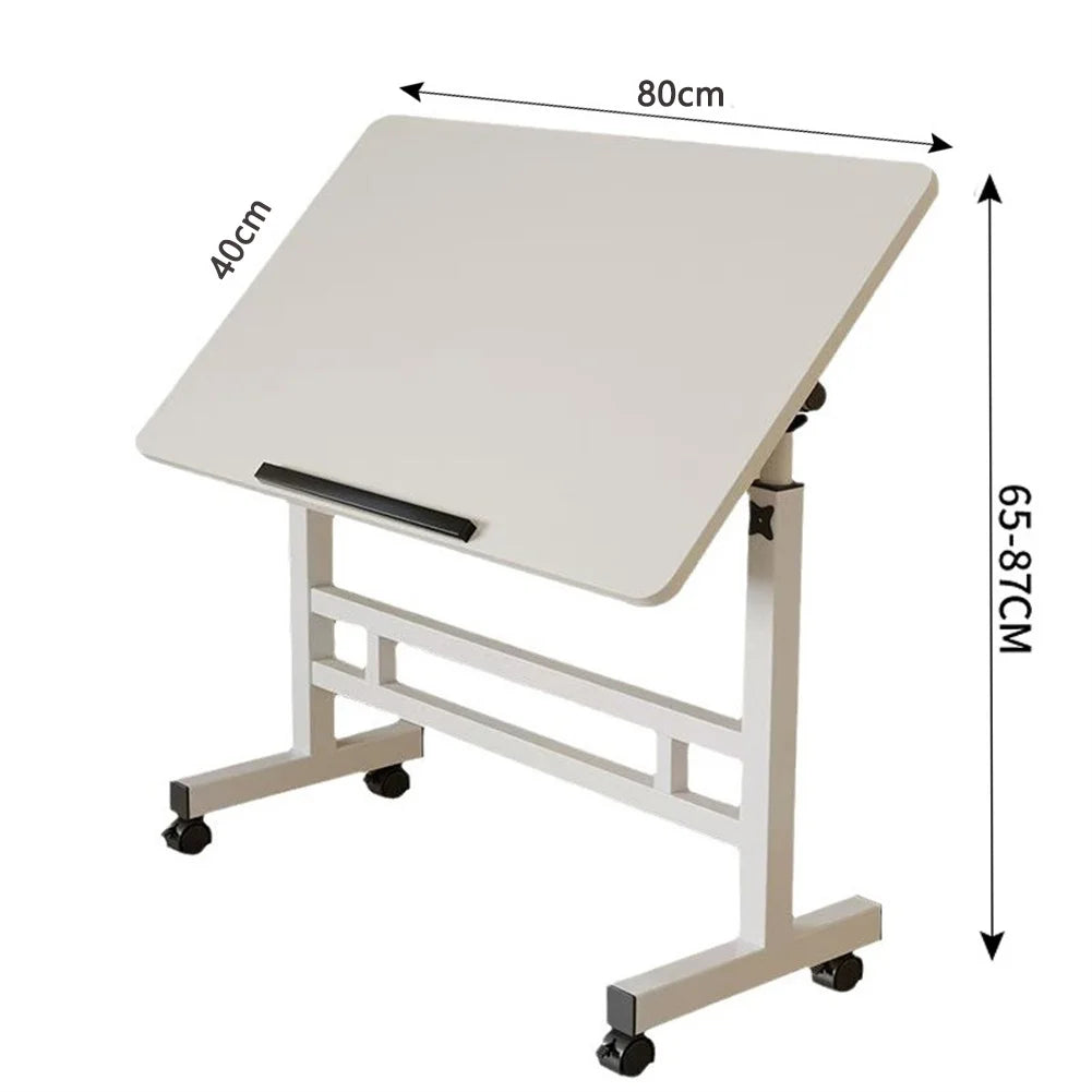 White adjustable standing desk with wheels, top size marked 80 cm x 40 cm