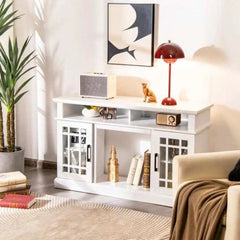 White electric fireplace TV stand with open shelves and glass-front cabinet doors