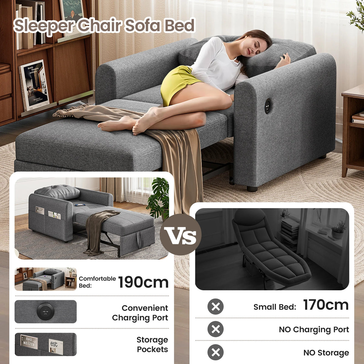 Dark grey sleeper chair sofa bed with pull-out section and storage openings