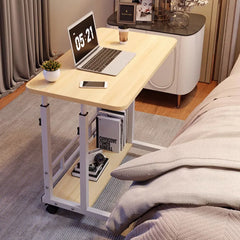 Mobile lift-top bedside desk table with light wood top and storage shelf