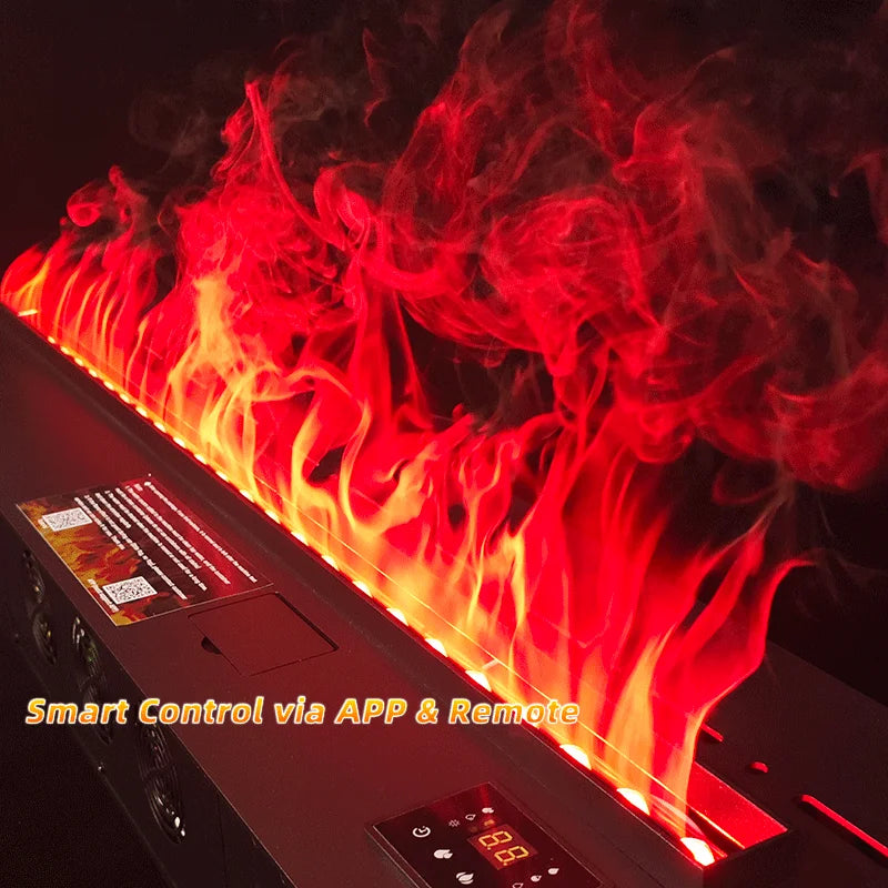 Linear mist fireplace showing vivid red and orange flames from the open channel