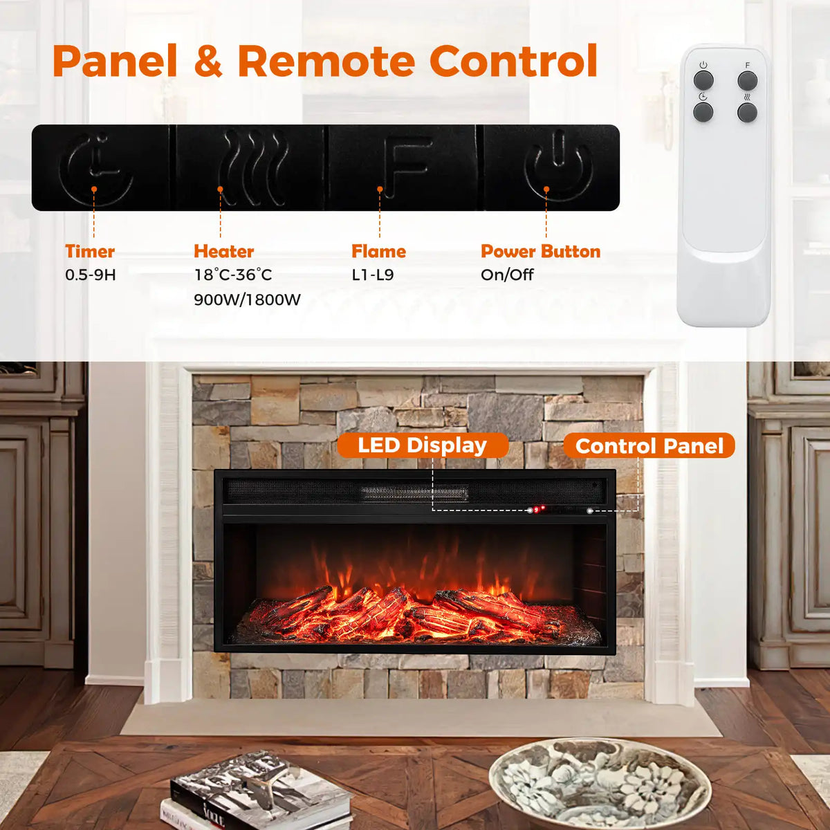 Recessed electric fireplace insert with control panel and white remote