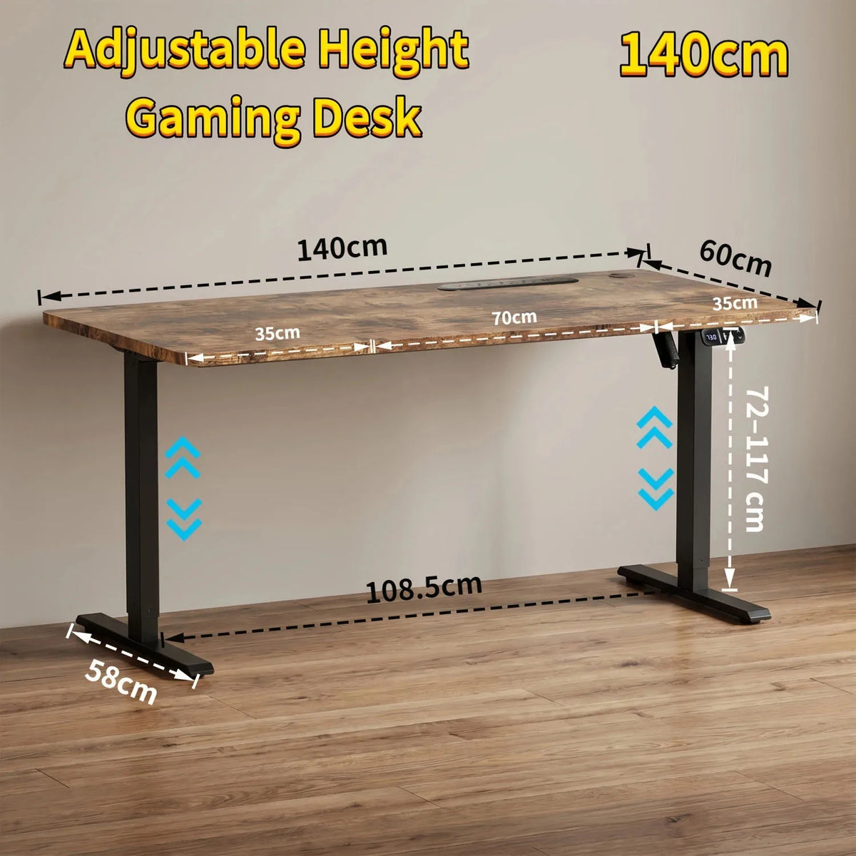 Height-adjustable desk size diagram with 140cm desktop and adjustable frame