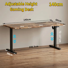 Height-adjustable desk size diagram with 140cm desktop and adjustable frame