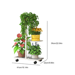 White 3-tier plant stand with wheels and three potted plants, yellow pot on middle shelf