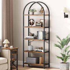 5-tier arched open bookcase with black metal frame and light wood shelves