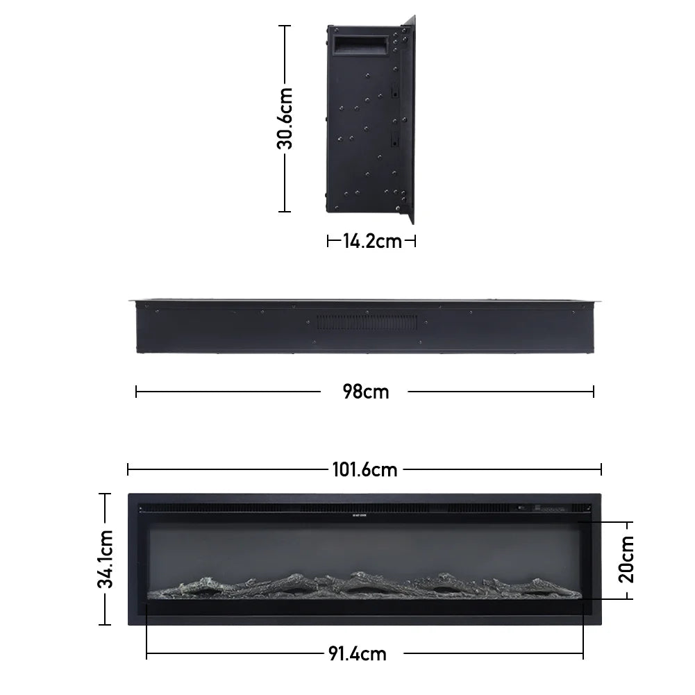 Electric fireplace dimension chart: 101.6cm wide; insert about 91.4cm and 20cm deep