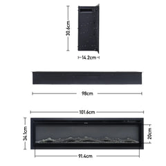 Electric fireplace dimension chart: 101.6cm wide; insert about 91.4cm and 20cm deep