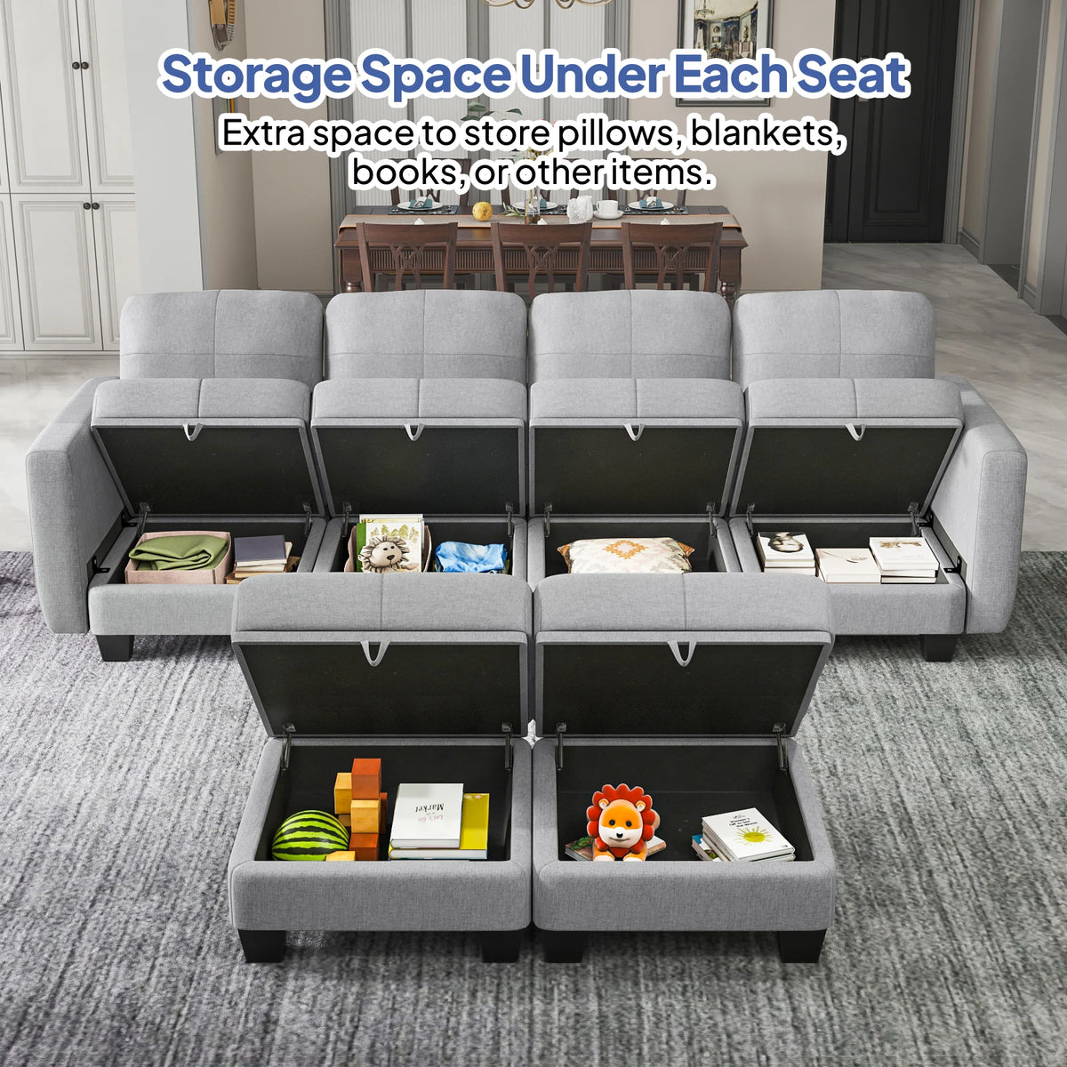 Grey modular sectional sofa with lift-up seat storage compartments visible