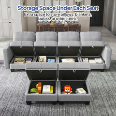 Grey modular sectional sofa with lift-up seat storage compartments visible