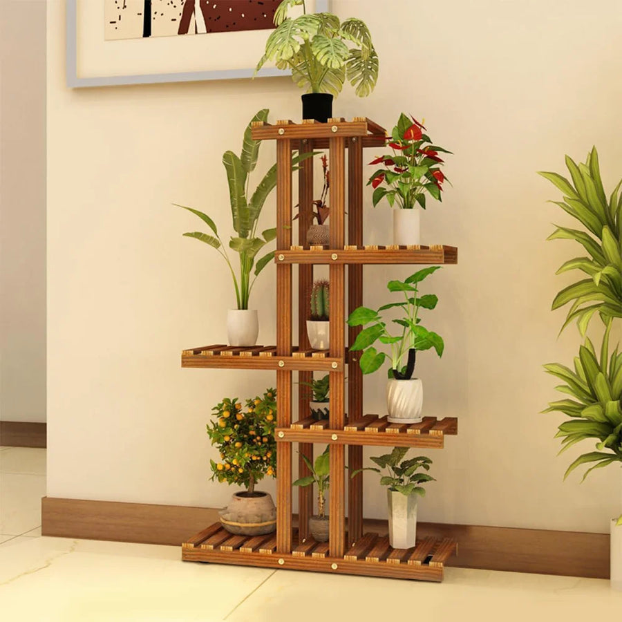 Five-tier wooden plant stand displaying potted plants on five slatted levels