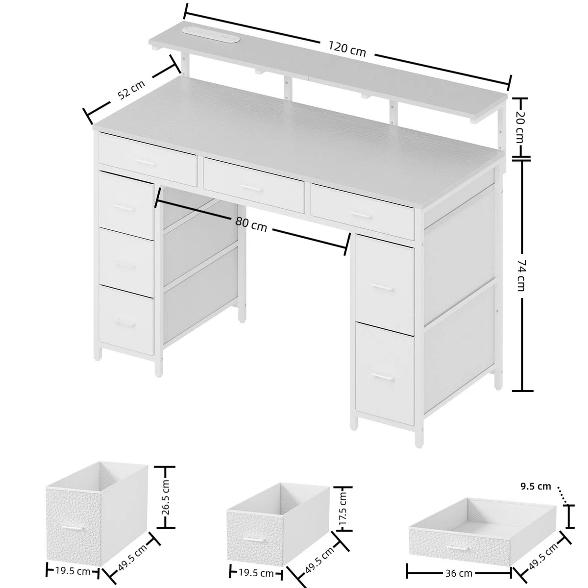 White computer desk with 9 drawers, wide desktop, and adjustable leveling feet
