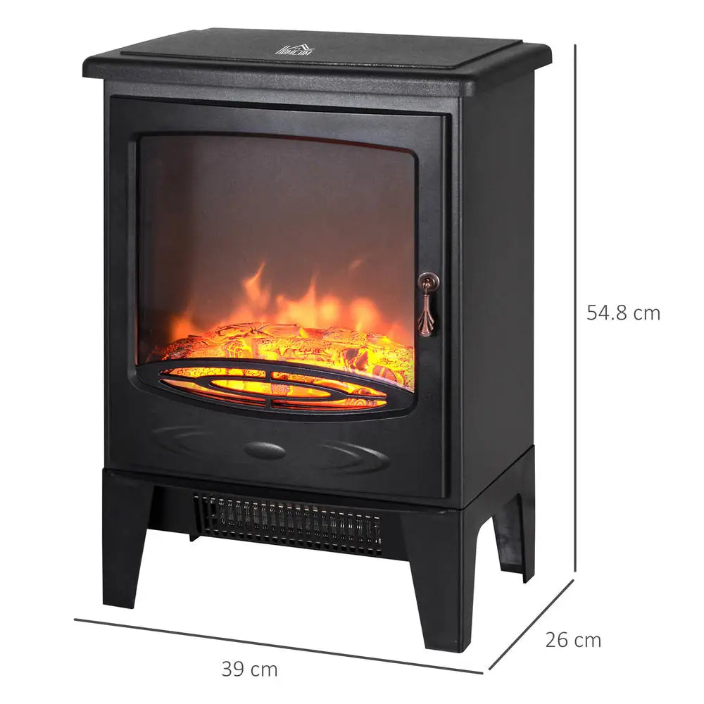 Black freestanding electric fireplace with glass flame window and vent grille under the door.