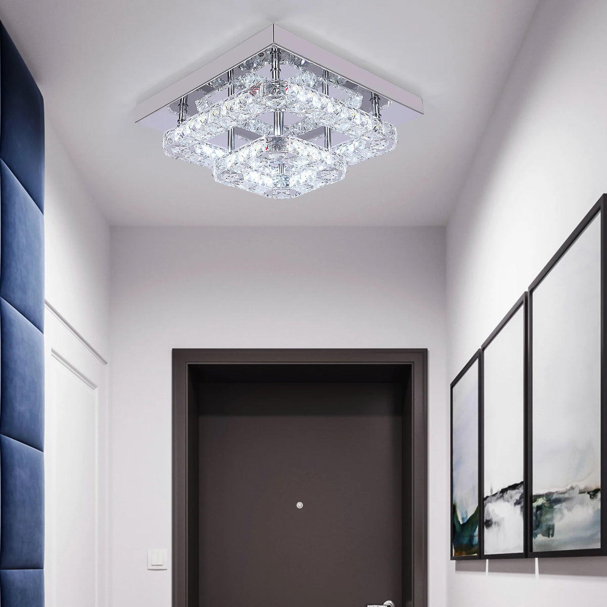 Rectangular crystal ceiling chandelier with chrome hardware, sparkling LED glow