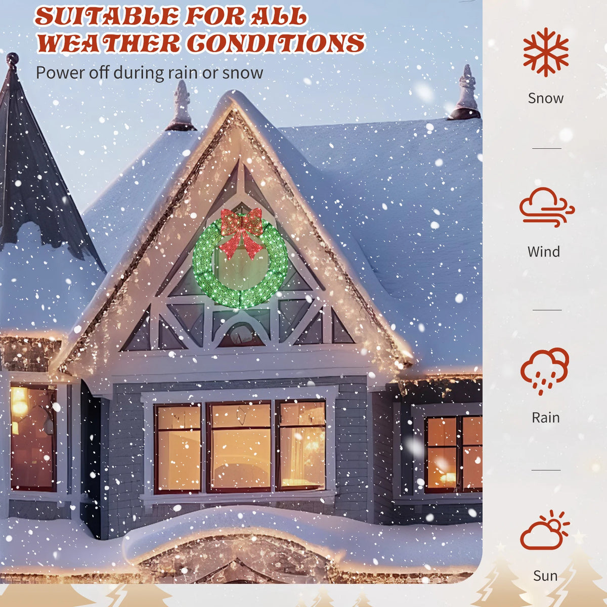 Green pre-lit metal wreath with red bow for outdoor weather conditions