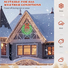 Green pre-lit metal wreath with red bow for outdoor weather conditions