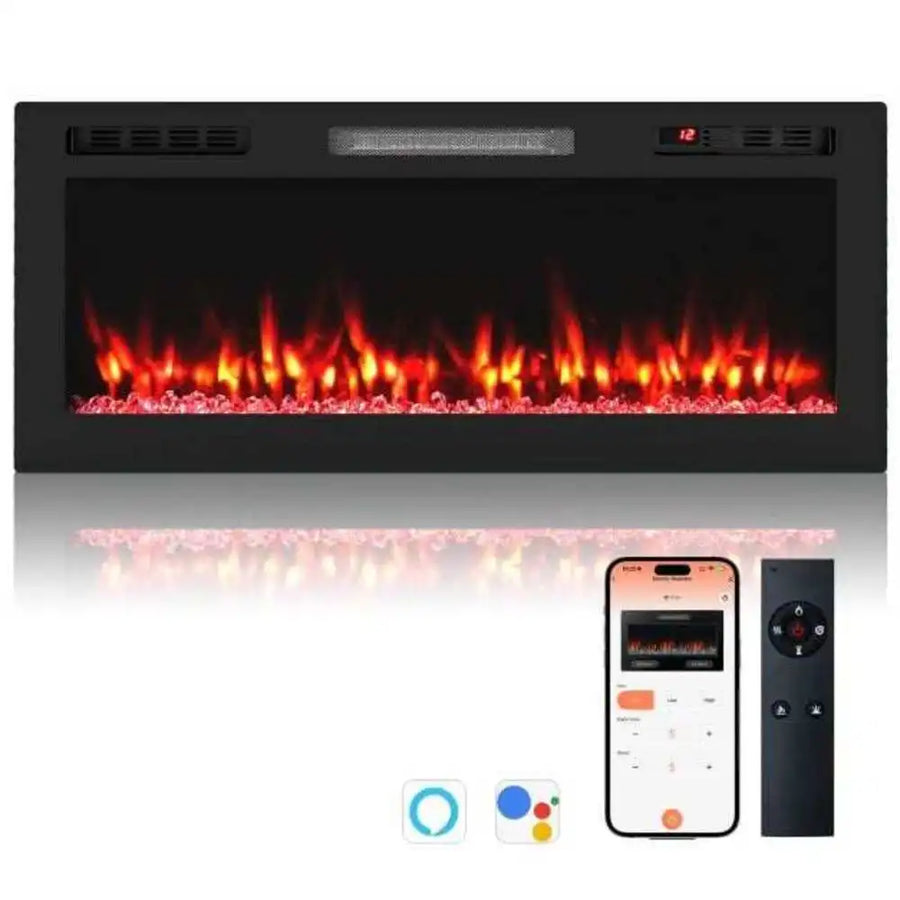 Black electric fireplace insert with red flame bed and WiFi app remote phone