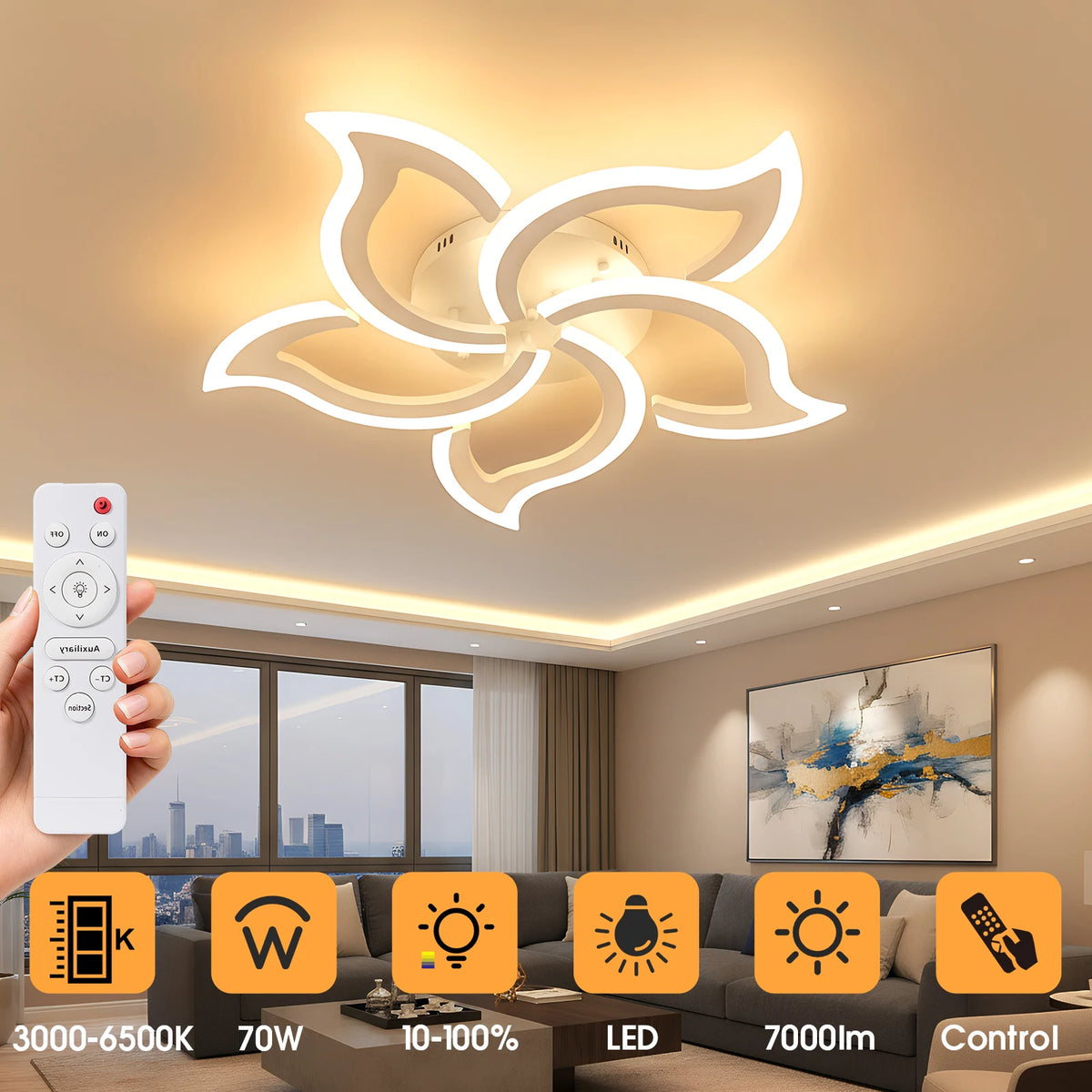 Flower-shaped LED ceiling light with five glowing petals; remote control in hand