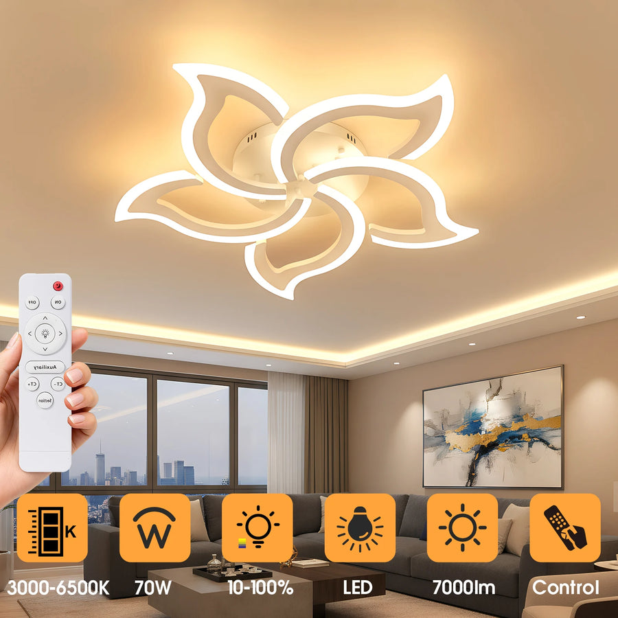 Flower-shaped LED ceiling light with five glowing petals; remote control in hand