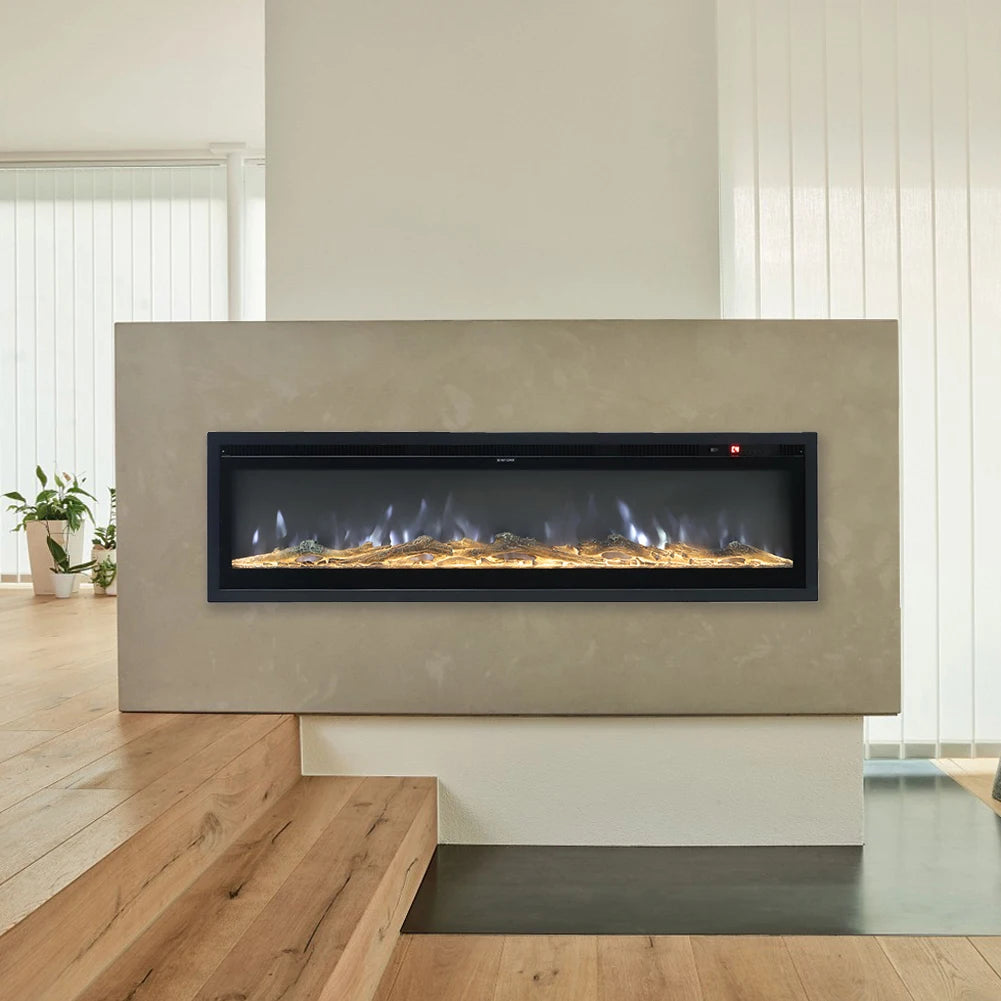 Black recessed electric fireplace with white LED flame display in a beige wall niche