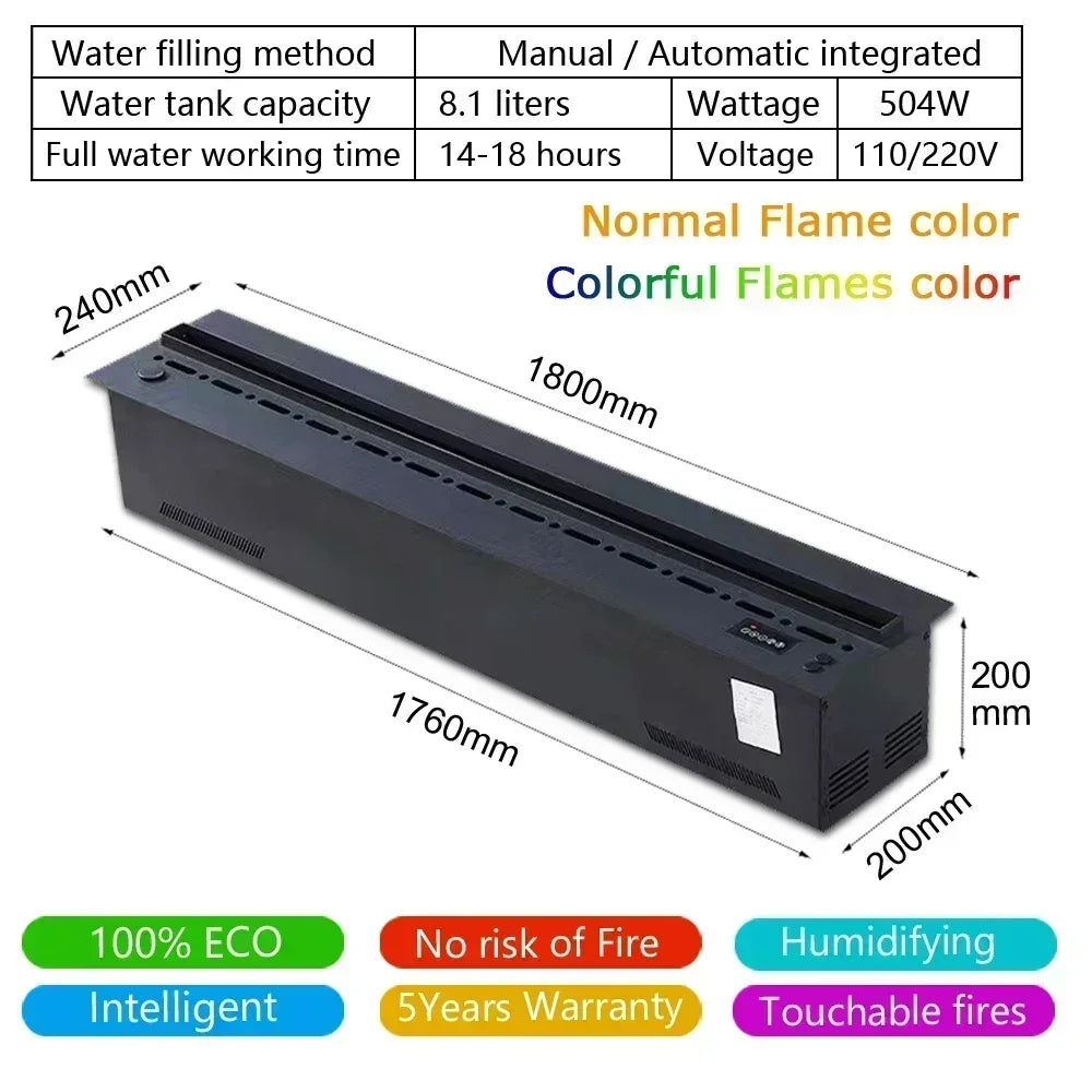 Black electric fireplace dimensions diagram, 1800mm length and colorful flame option