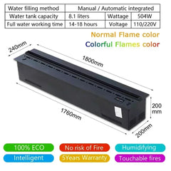 Black electric fireplace dimensions diagram, 1800mm length and colorful flame option