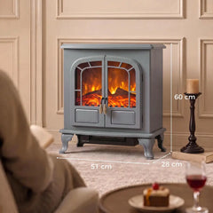 Grey freestanding electric fireplace stove heater with arched glass doors and LED flames