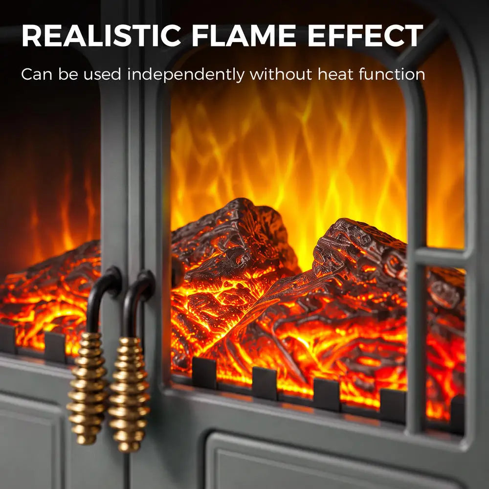 Close-up of grey electric fireplace stove showing bright orange LED flame effect through glass