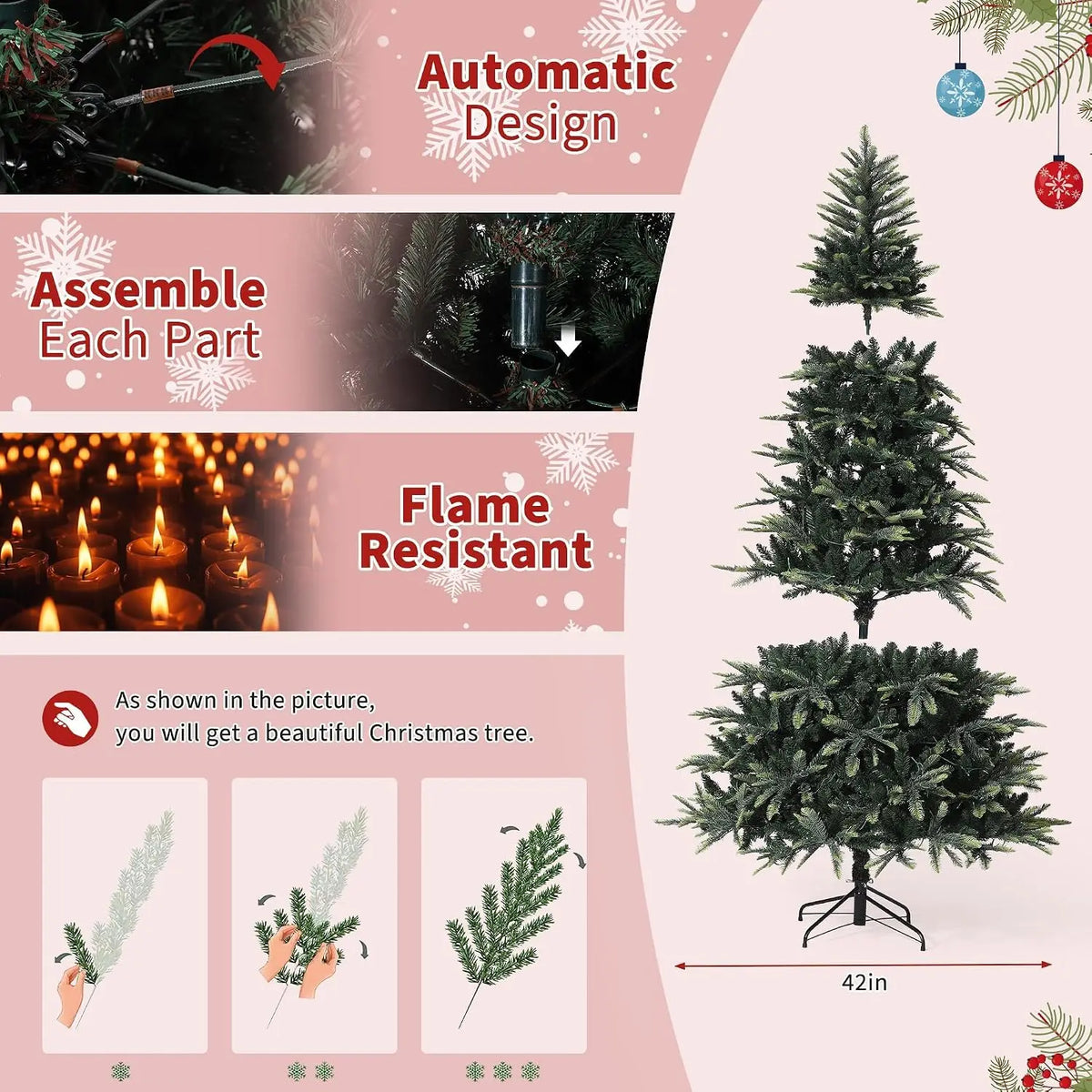 Prelit pencil Christmas tree with hinged metal stand, warm white lights, shown 42 in height