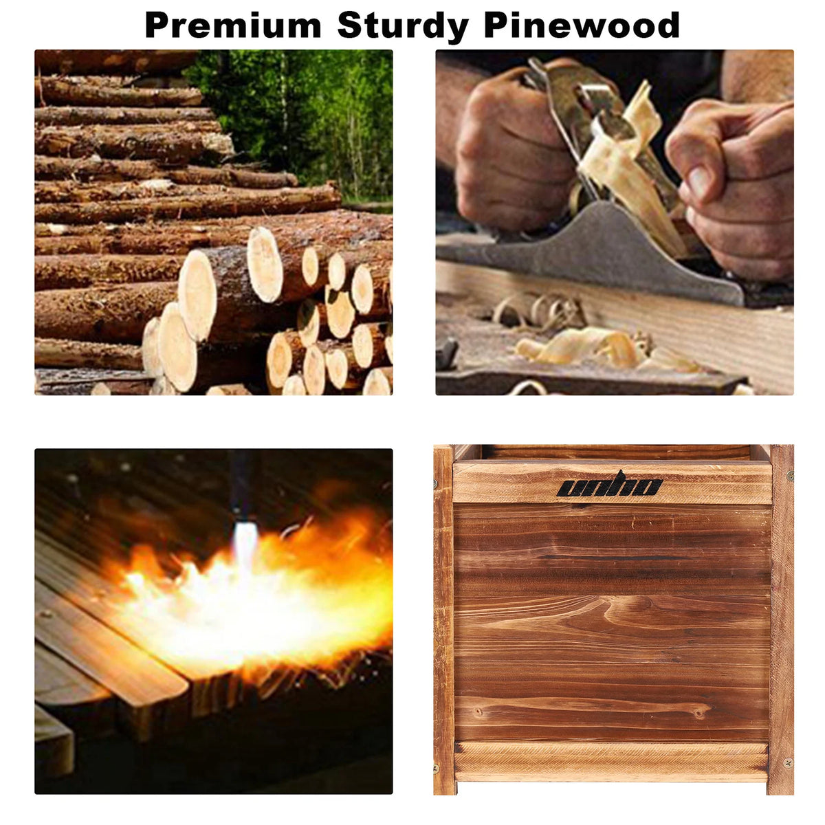 Wooden raised planter bed construction details shown with pinewood and assembly closeups