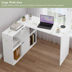 White L-shaped corner desk with double work surface and bookcase side storage.