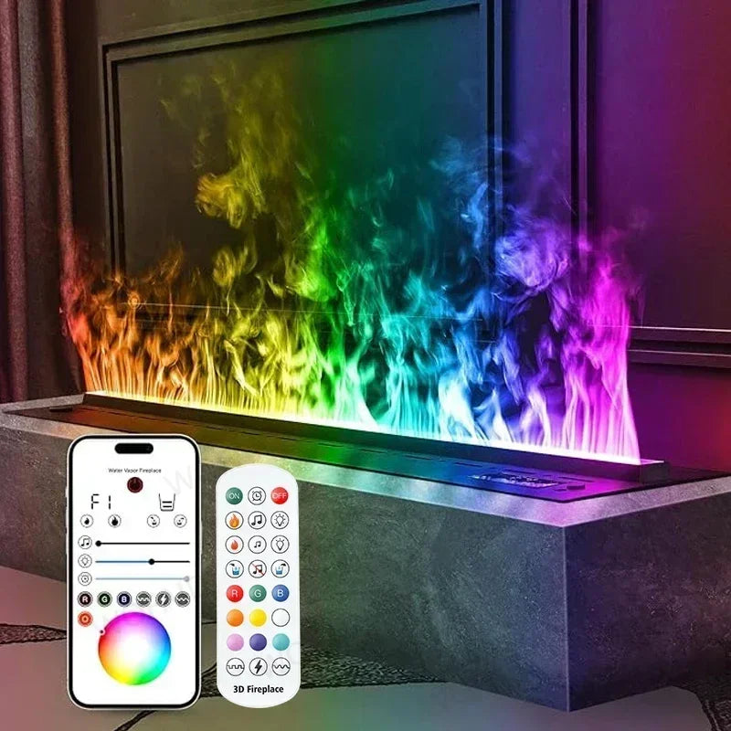 Black electric fireplace corner with colorful simulated flame vapor effect